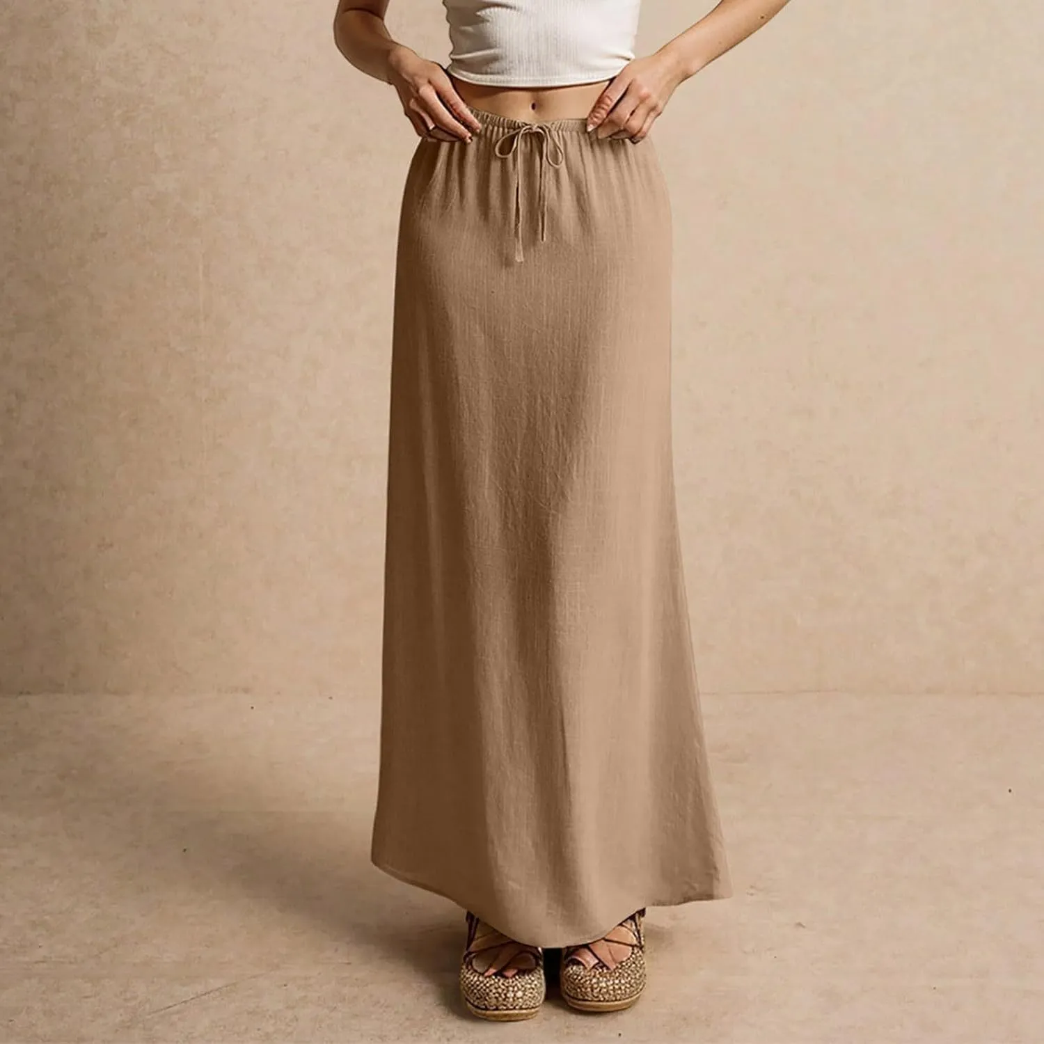 Linen Maxi Skirts for Women Trendy 2025 Casual Drawstring Low Waist Plain Skirts Boho Vacation Beach Skirts