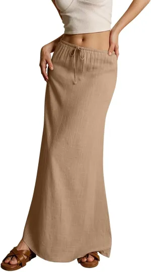 Linen Maxi Skirts for Women Trendy 2025 Casual Drawstring Low Waist Plain Skirts Boho Vacation Beach Skirts
