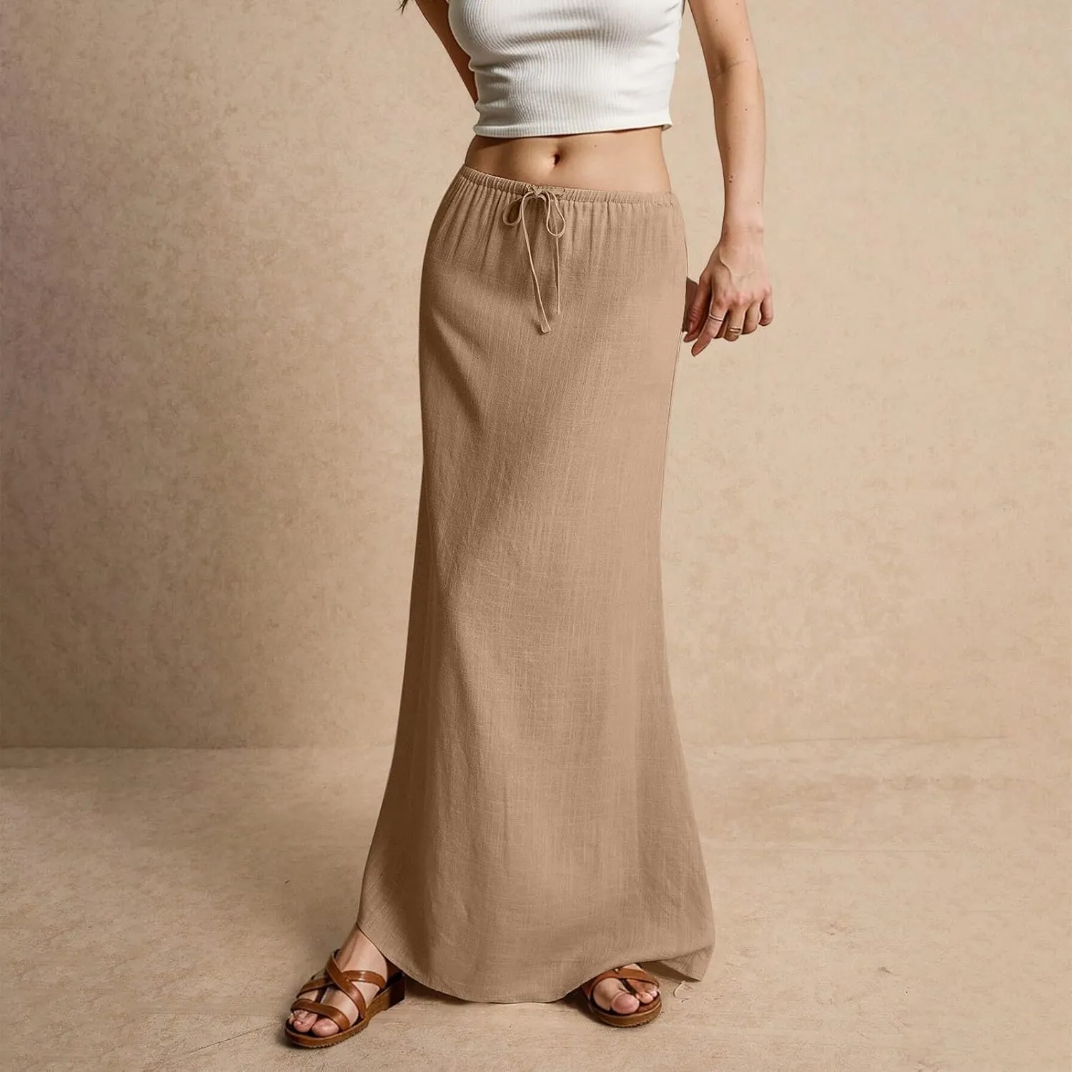 Linen Maxi Skirts for Women Trendy 2025 Casual Drawstring Low Waist Plain Skirts Boho Vacation Beach Skirts