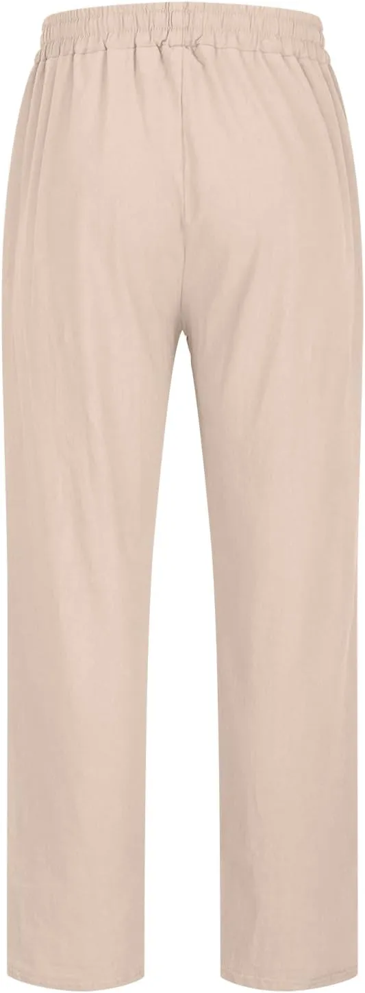 Linen Mens Pants Big and Tall Elastic Waist Tapered Pants Drawstring Lounge Trousers Casual Breathable Summer Pants