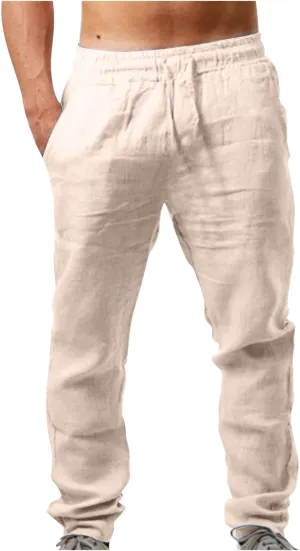 Linen Mens Pants Big and Tall Elastic Waist Tapered Pants Drawstring Lounge Trousers Casual Breathable Summer Pants