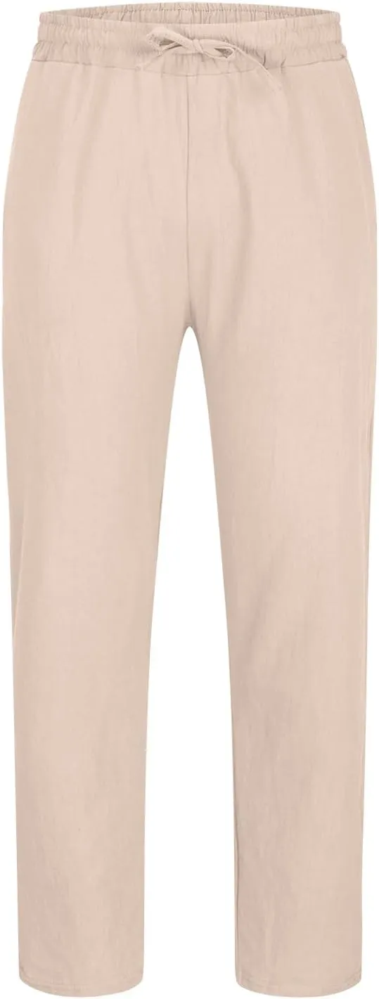 Linen Mens Pants Big and Tall Elastic Waist Tapered Pants Drawstring Lounge Trousers Casual Breathable Summer Pants
