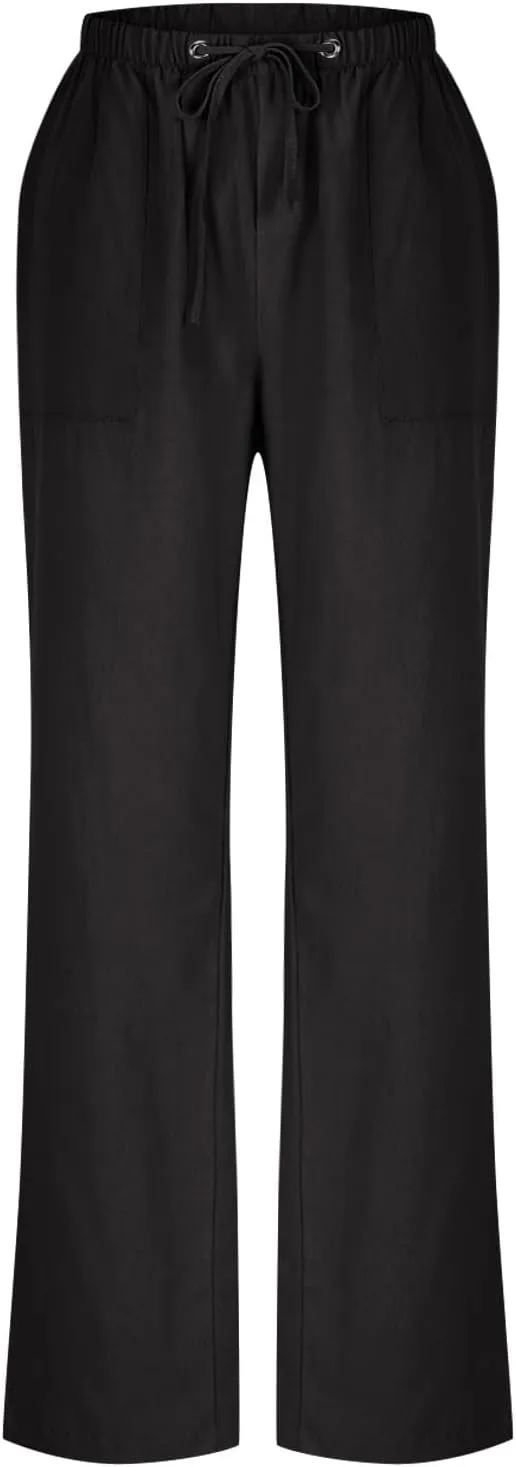 Linen Pants Women Summer Wide Leg High Waisted Casual Pant Drawstring Elastic Waist Palazzo Beach Trousers with Pockets