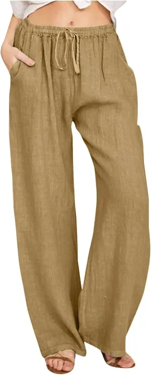 Linen Pants Women Summer Wide Leg Pants Twist Knot Elastic Waist Pants High Waisted Lounge Pants Casual Beach Trouser