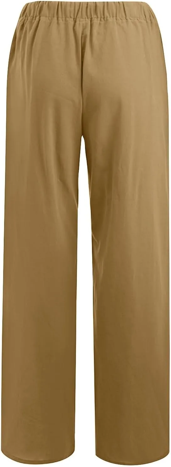 Linen Pants Women Summer Wide Leg Pants Twist Knot Elastic Waist Pants High Waisted Lounge Pants Casual Beach Trouser
