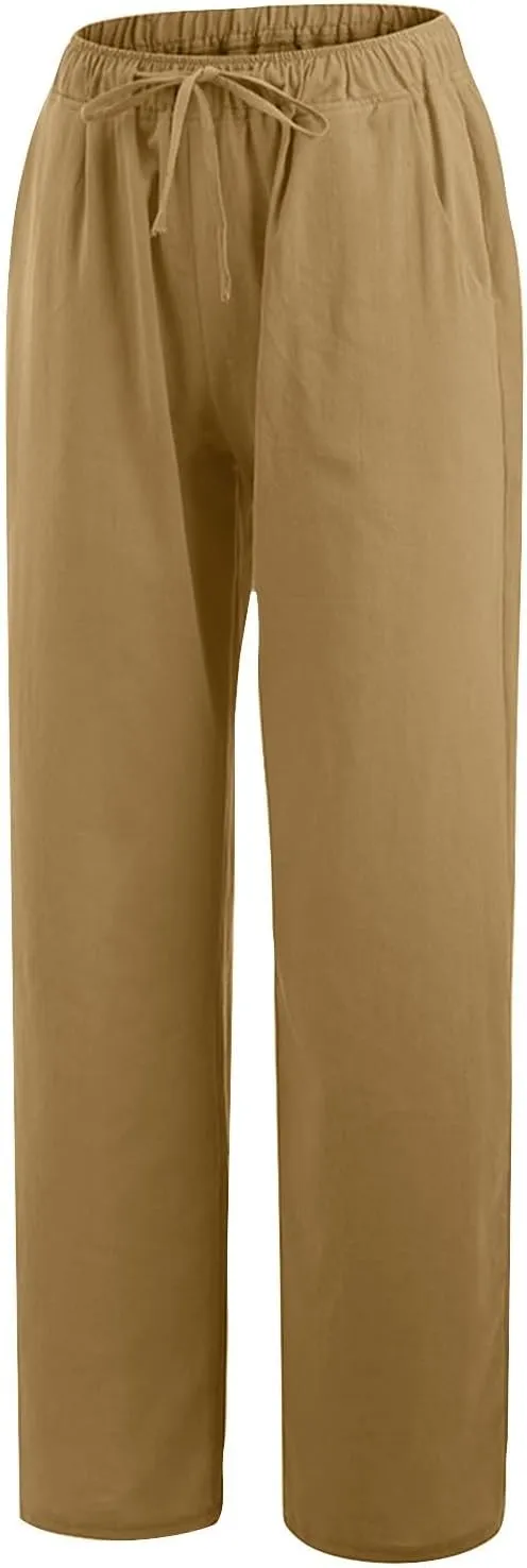 Linen Pants Women Summer Wide Leg Pants Twist Knot Elastic Waist Pants High Waisted Lounge Pants Casual Beach Trouser
