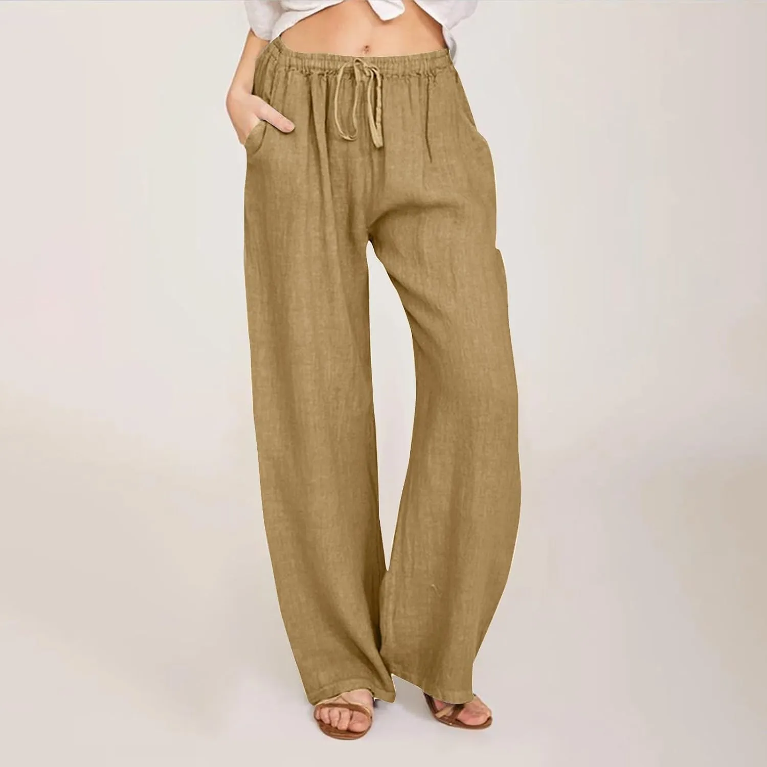Linen Pants Women Summer Wide Leg Pants Twist Knot Elastic Waist Pants High Waisted Lounge Pants Casual Beach Trouser