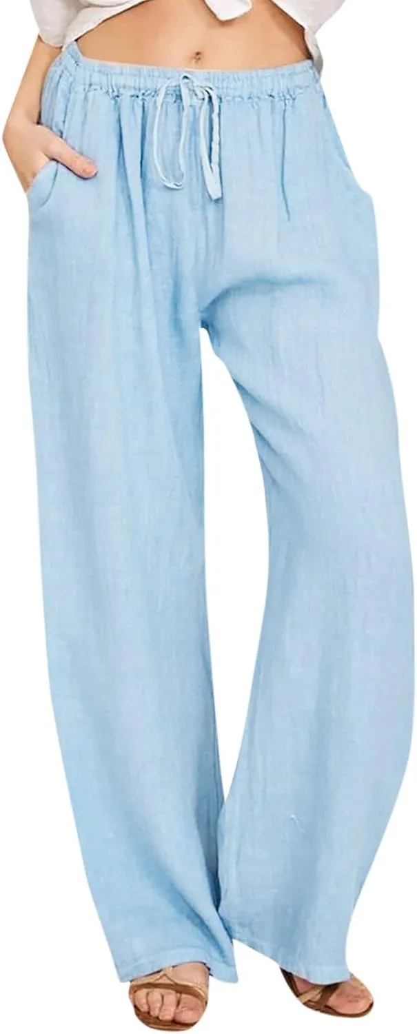 Linen Pants Women Wide Leg Yoga Pants with Pockets Elastic High Waisted Summer Casual Palazzo Pants Flowy Beach Pants