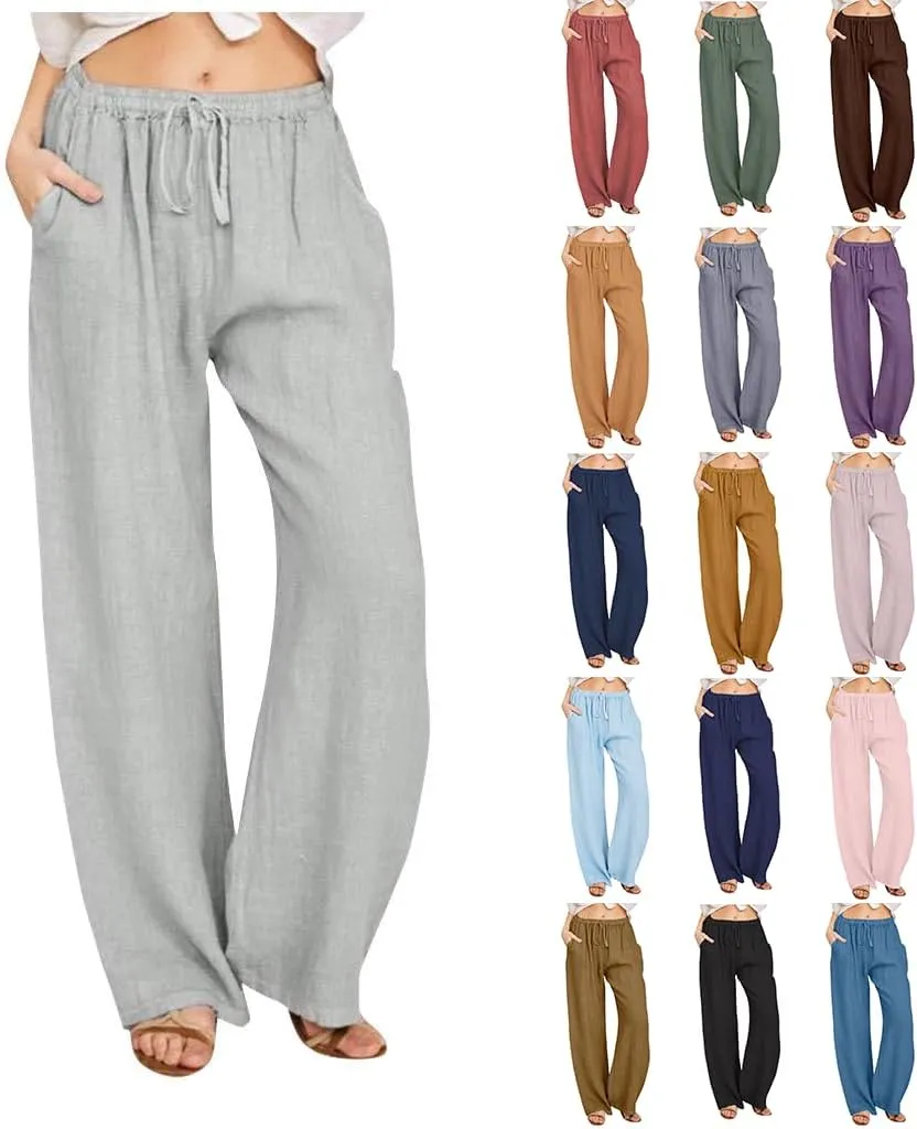 Linen Pants Women Wide Leg Yoga Pants with Pockets Elastic High Waisted Summer Casual Palazzo Pants Flowy Beach Pants