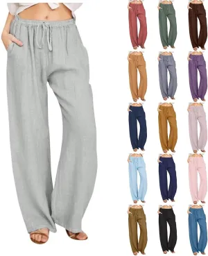 Linen Pants Women Wide Leg Yoga Pants with Pockets Elastic High Waisted Summer Casual Palazzo Pants Flowy Beach Pants