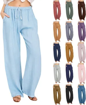 Linen Pants Women Wide Leg Yoga Pants with Pockets Elastic High Waisted Summer Casual Palazzo Pants Flowy Beach Pants