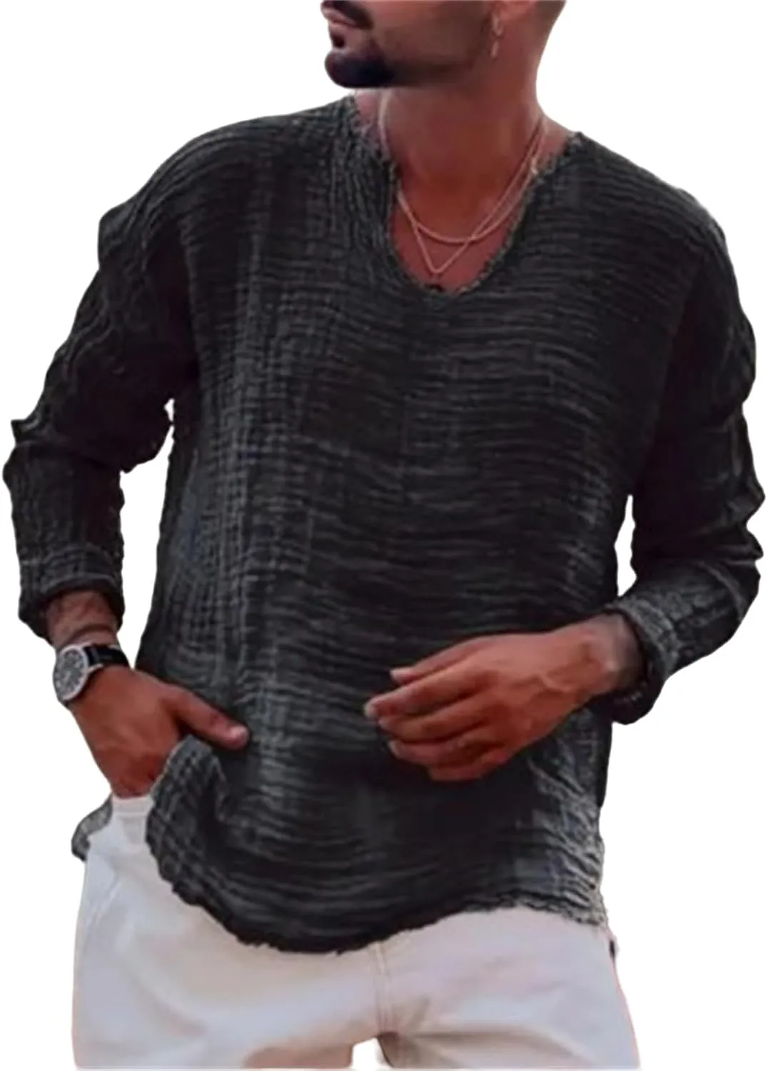Linen Shirts for Men Loose V-Neck Washed Long Sleeve Shirt Tshirts Lightweight Beach Yoga Top with Frayed Raw Edges