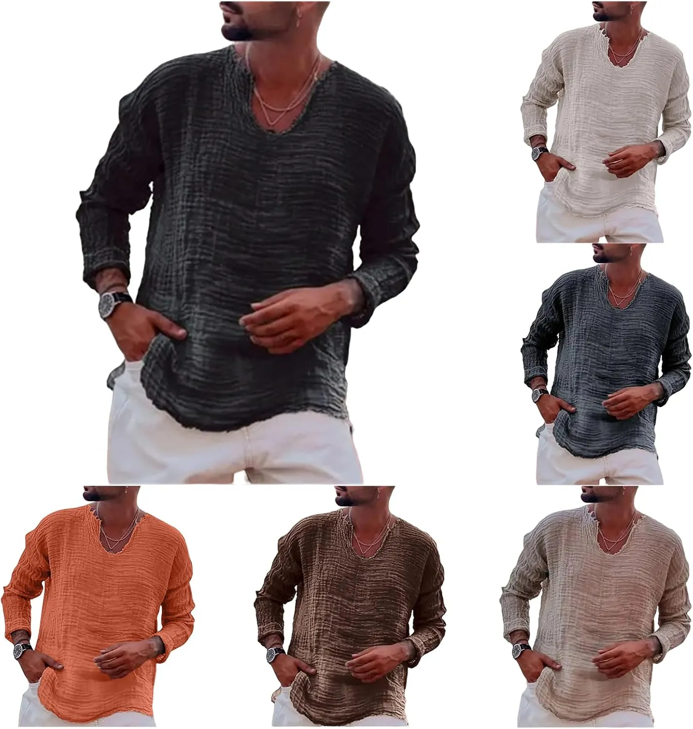 Linen Shirts for Men Loose V-Neck Washed Long Sleeve Shirt Tshirts Lightweight Beach Yoga Top with Frayed Raw Edges