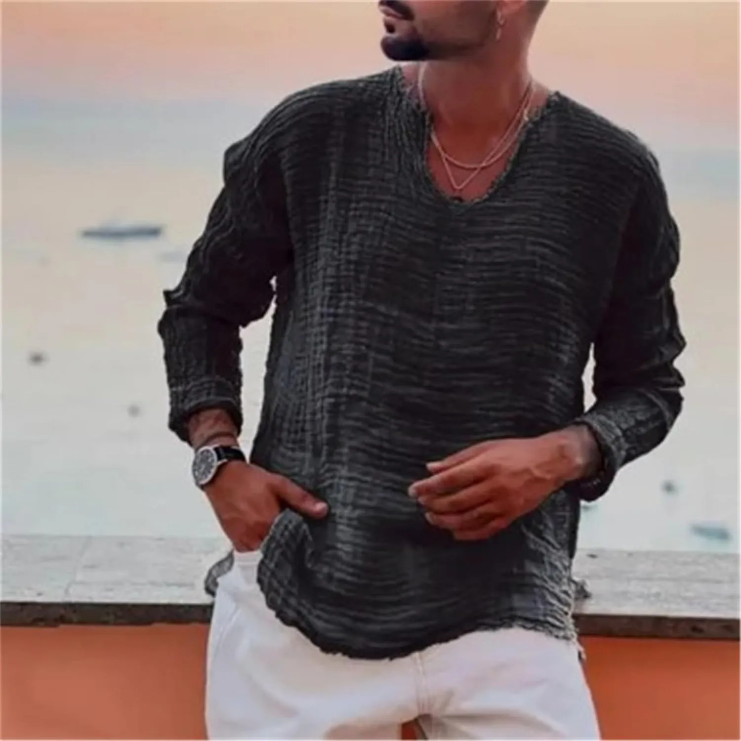 Linen Shirts for Men Loose V-Neck Washed Long Sleeve Shirt Tshirts Lightweight Beach Yoga Top with Frayed Raw Edges