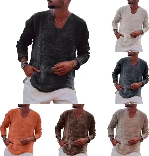 Linen Shirts for Men Loose V-Neck Washed Long Sleeve Shirt Tshirts Lightweight Beach Yoga Top with Frayed Raw Edges