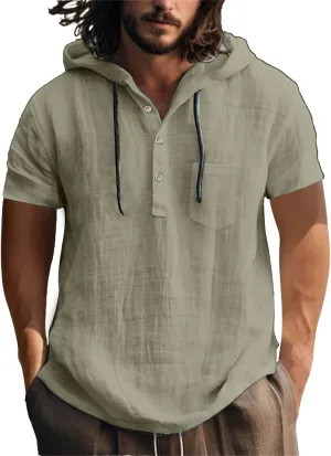 Linen Shirts for Men Quick Dry Breathable Summer Button Short Sleeve Shirt with Hooded Lightweight Loose Beach Top