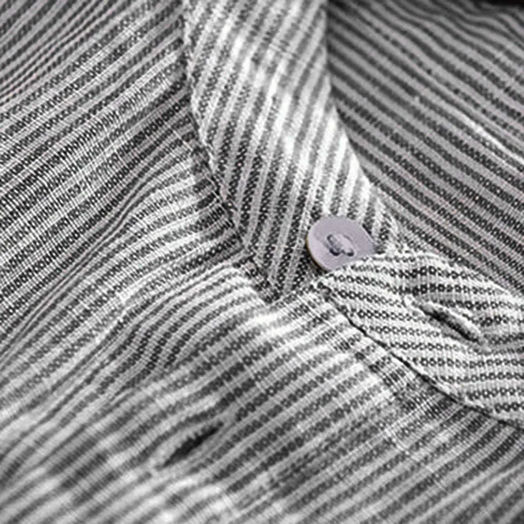Linen Shirts for Men Striped Button Up Stand Collar Short Sleeve Lightweight Pocket Summer Outdoor Casual Blouse