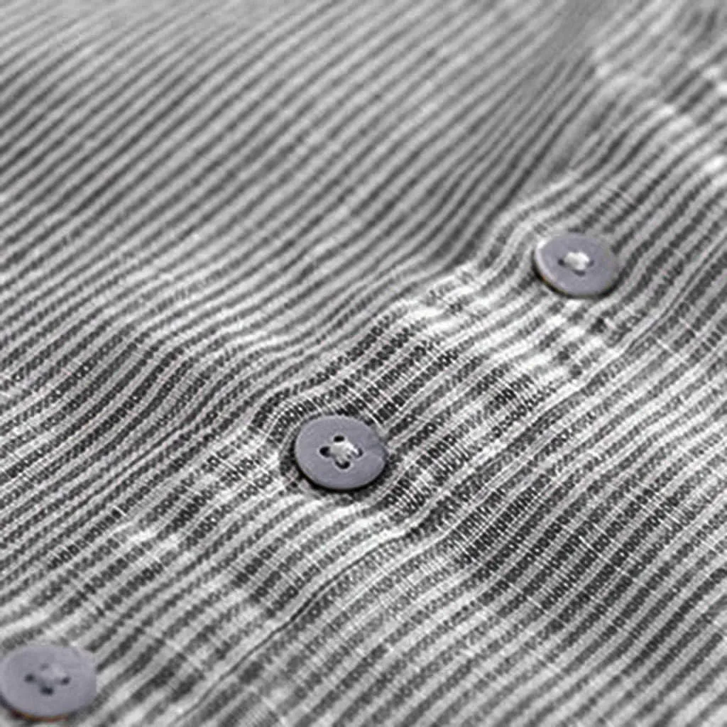 Linen Shirts for Men Striped Button Up Stand Collar Short Sleeve Lightweight Pocket Summer Outdoor Casual Blouse