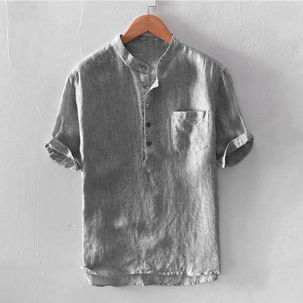 Linen Shirts for Men Striped Button Up Stand Collar Short Sleeve Lightweight Pocket Summer Outdoor Casual Blouse