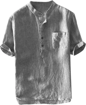 Linen Shirts for Men Striped Button Up Stand Collar Short Sleeve Lightweight Pocket Summer Outdoor Casual Blouse