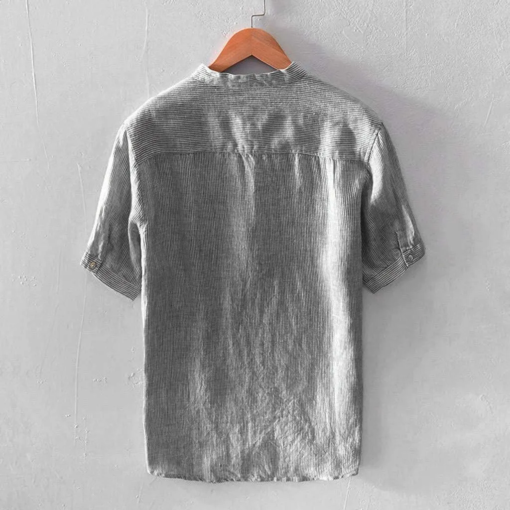 Linen Shirts for Men Striped Button Up Stand Collar Short Sleeve Lightweight Pocket Summer Outdoor Casual Blouse