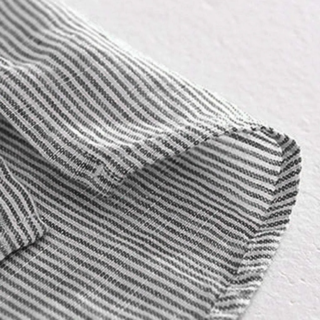 Linen Shirts for Men Striped Button Up Stand Collar Short Sleeve Lightweight Pocket Summer Outdoor Casual Blouse