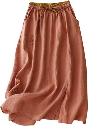 Linen Skirts for Women Bohemian Style Midi Skirt 2024 Trendy Casual Summer Skirts Elastic Waist Pleated Skirts
