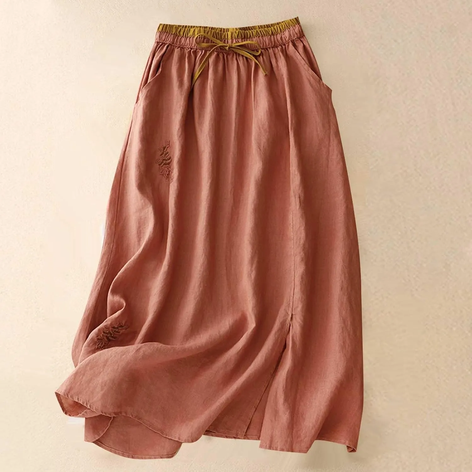 Linen Skirts for Women Bohemian Style Midi Skirt 2024 Trendy Casual Summer Skirts Elastic Waist Pleated Skirts