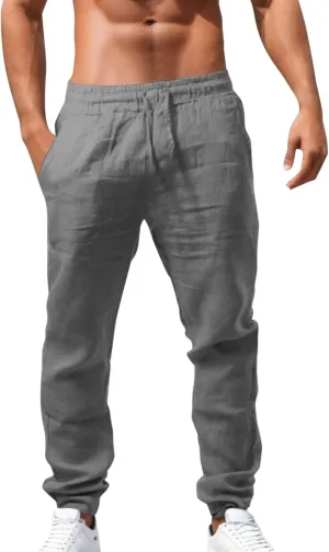 Linen Tapered Pants for Men Casual Comfy Elastic Waist Drawstring Workout Pants Solid Color Jogger Trousers with Pockets