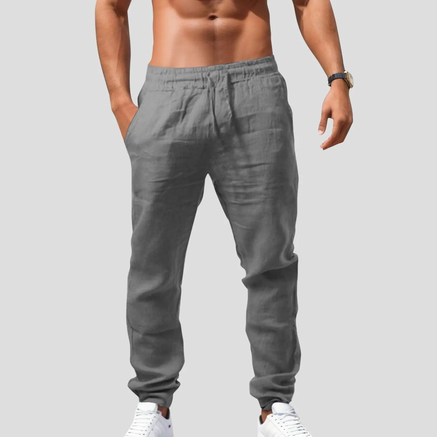Linen Tapered Pants for Men Casual Comfy Elastic Waist Drawstring Workout Pants Solid Color Jogger Trousers with Pockets