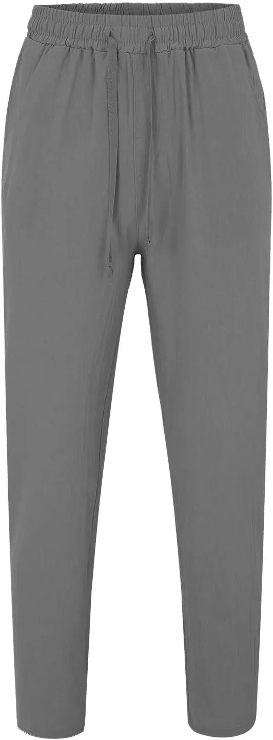 Linen Tapered Pants for Men Casual Comfy Elastic Waist Drawstring Workout Pants Solid Color Jogger Trousers with Pockets
