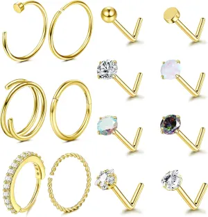 LOLIAS Hypoallergenic 14K Gold Filled Nose Rings Studs 20G 316L Surgical Steel Nose Ring Gold L Shaped Nose Studs Hoop Nose Rings Set for Women Men Simulated Diamond Nose Piercing Jewelry(14Pcs)