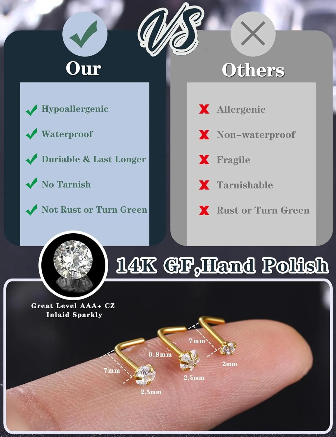 LOLIAS Hypoallergenic 14K Gold Filled Nose Rings Studs 20G 316L Surgical Steel Nose Ring Gold L Shaped Nose Studs Hoop Nose Rings Set for Women Men Simulated Diamond Nose Piercing Jewelry(14Pcs)