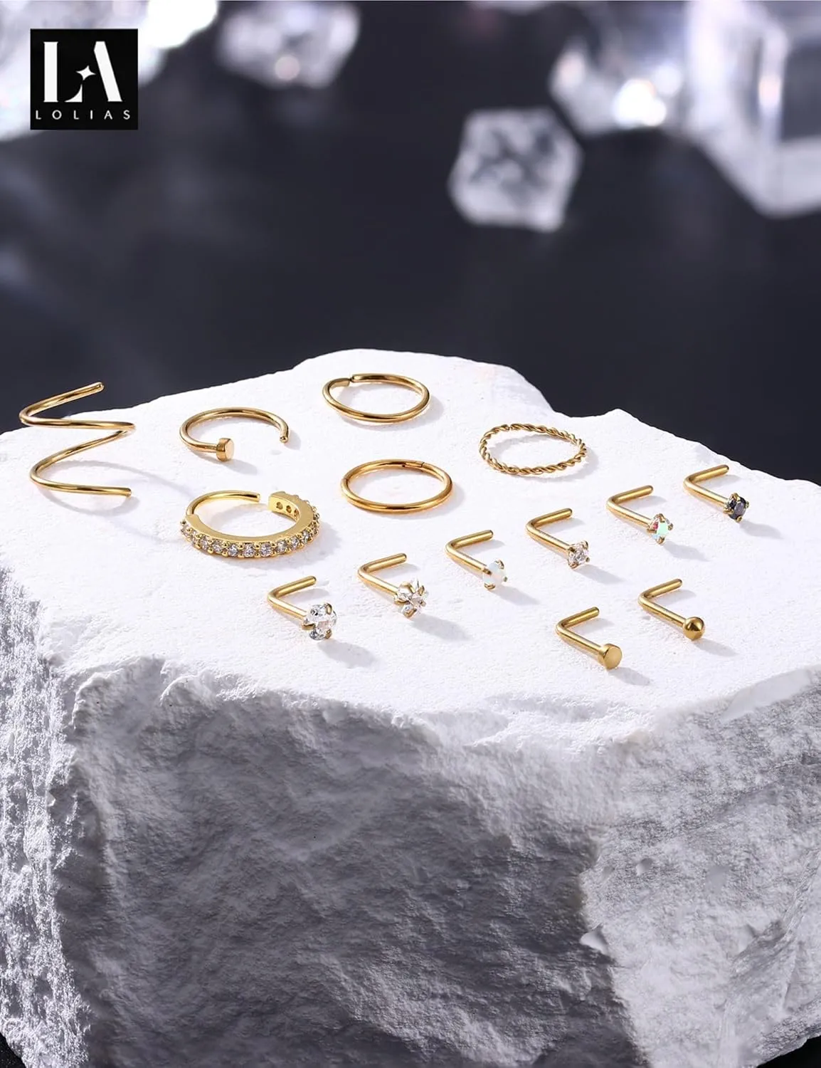 LOLIAS Hypoallergenic 14K Gold Filled Nose Rings Studs 20G 316L Surgical Steel Nose Ring Gold L Shaped Nose Studs Hoop Nose Rings Set for Women Men Simulated Diamond Nose Piercing Jewelry(14Pcs)