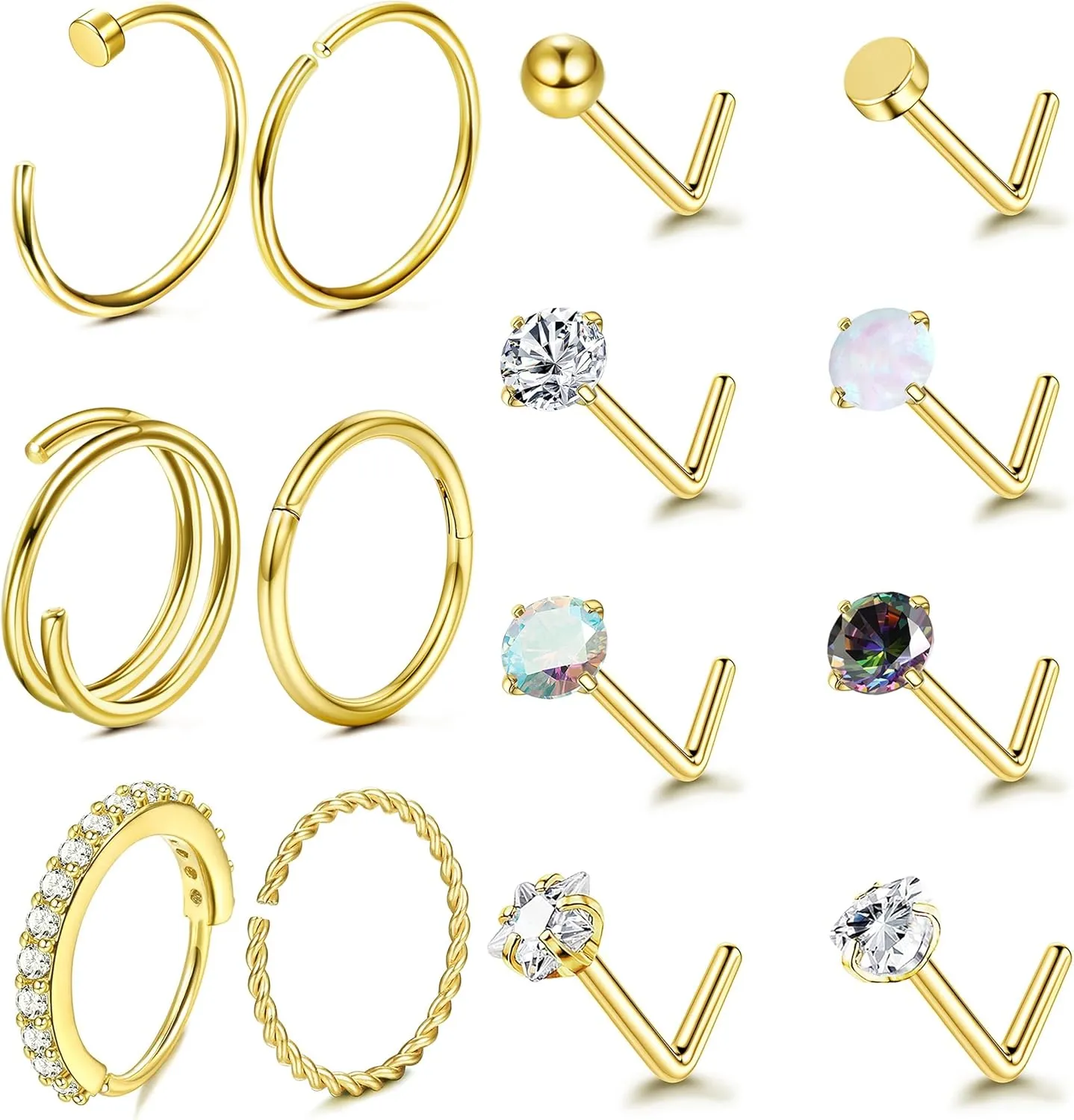 LOLIAS Hypoallergenic 14K Gold Filled Nose Rings Studs 20G 316L Surgical Steel Nose Ring Gold L Shaped Nose Studs Hoop Nose Rings Set for Women Men Simulated Diamond Nose Piercing Jewelry(14Pcs)