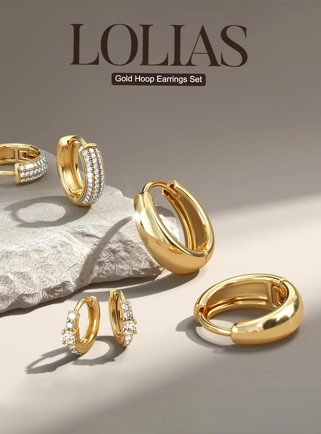 LOLIAS Small Chunky Gold Hoop Earrings for Women Hypoallergenic Gold Silver Hoops for Sensitive Ears Non Tarnish 14K Gold Filled Huggie Hoop Earring Stacks for Multiple Piercing Lightweight 3Pairs
