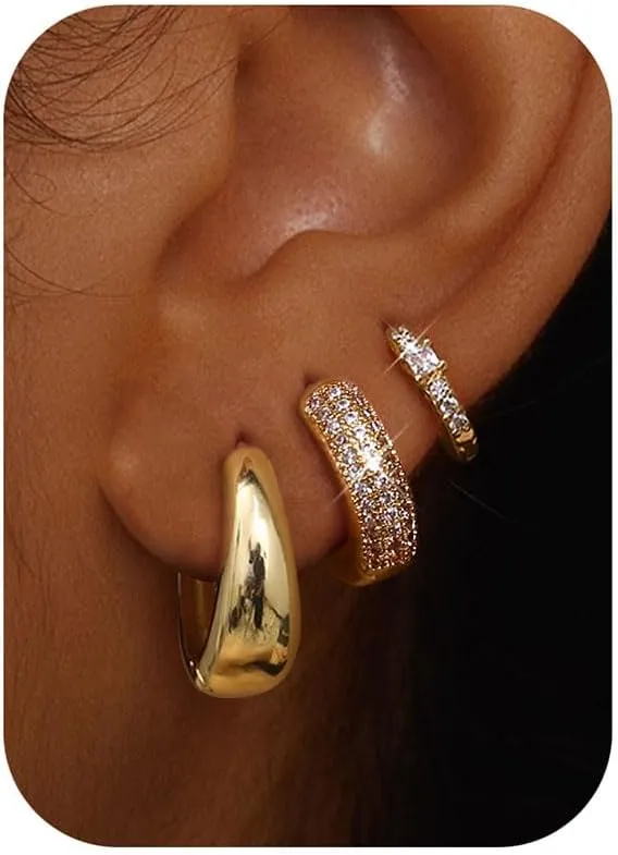 LOLIAS Small Chunky Gold Hoop Earrings for Women Hypoallergenic Gold Silver Hoops for Sensitive Ears Non Tarnish 14K Gold Filled Huggie Hoop Earring Stacks for Multiple Piercing Lightweight 3Pairs
