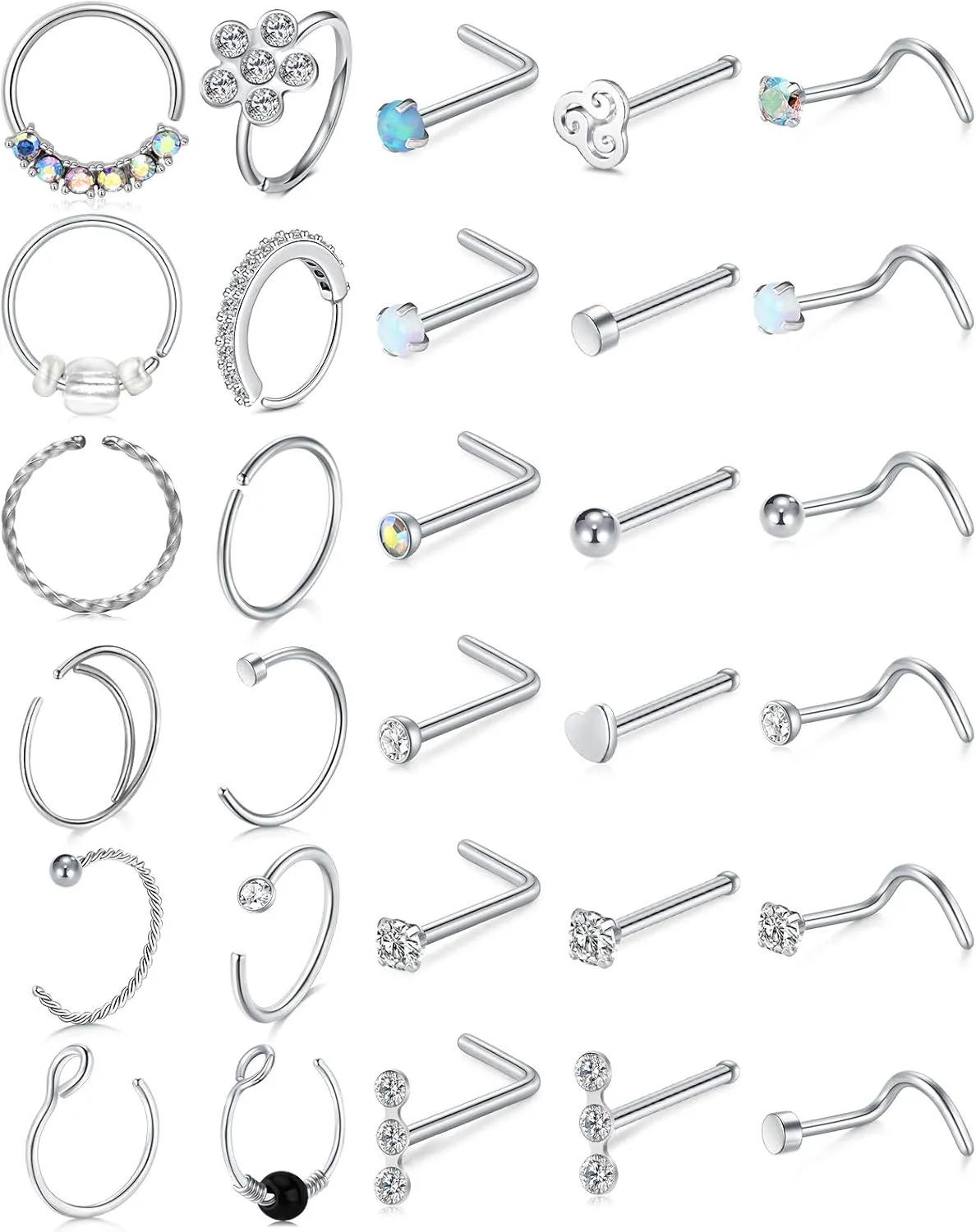 Longita 20g Nose Rings Hoop L Shape Nose Studs Stainless Steel Nose Screw Bone Flat Top Diamond Opal Heart High Nostril Piercing Jewelry Silver Rose Gold Black Pack for Women Men