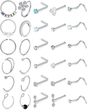 Longita 20g Nose Rings Hoop L Shape Nose Studs Stainless Steel Nose Screw Bone Flat Top Diamond Opal Heart High Nostril Piercing Jewelry Silver Rose Gold Black Pack for Women Men