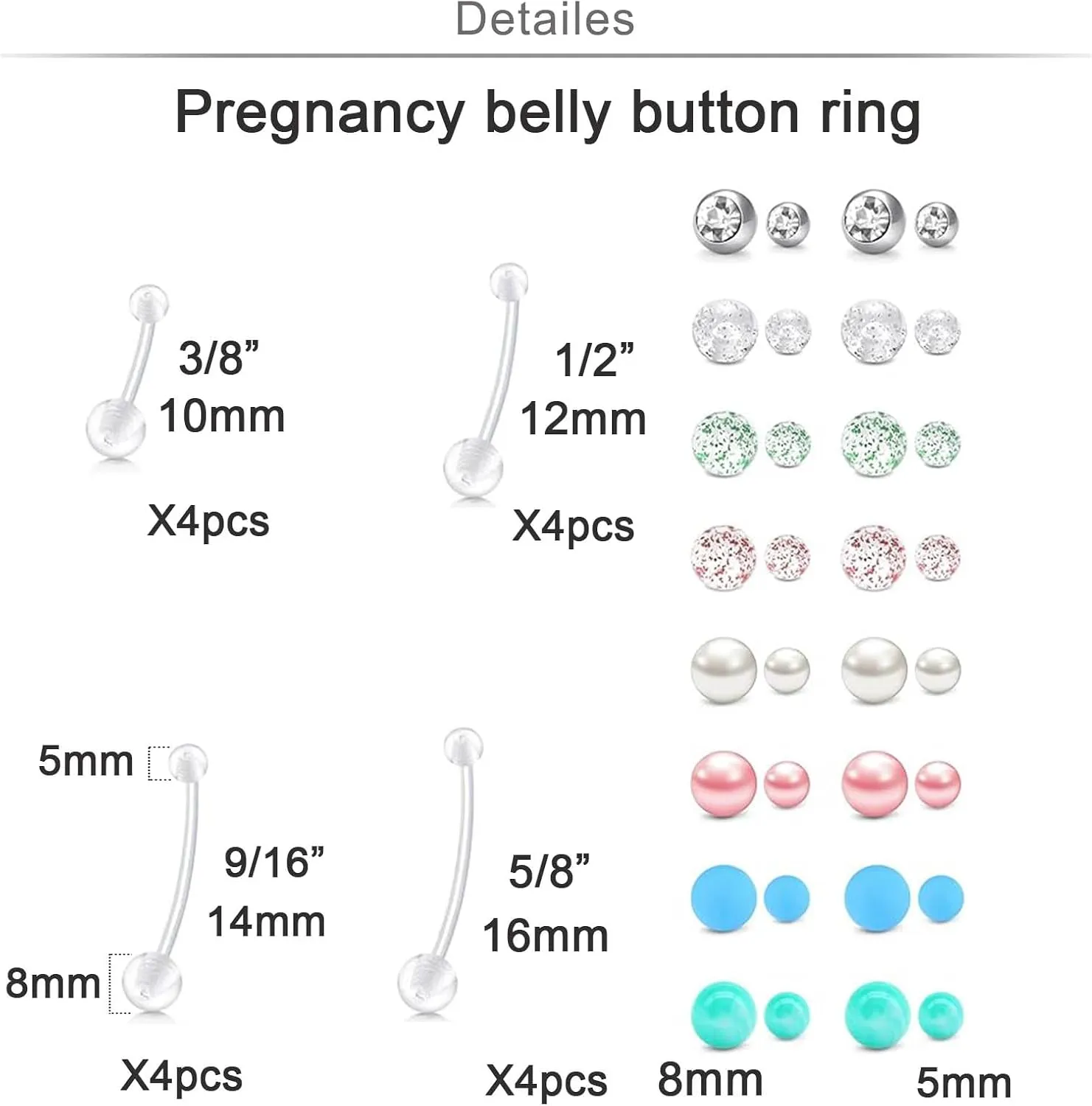 Longita Plastic Pregnancy Belly Button Rings Long Bar Navel Rings for Maternity Sport Pregnant Women Flexible Clear Belly Piercing Retainer Different Length bar and Balls for Replacement 10-32mm