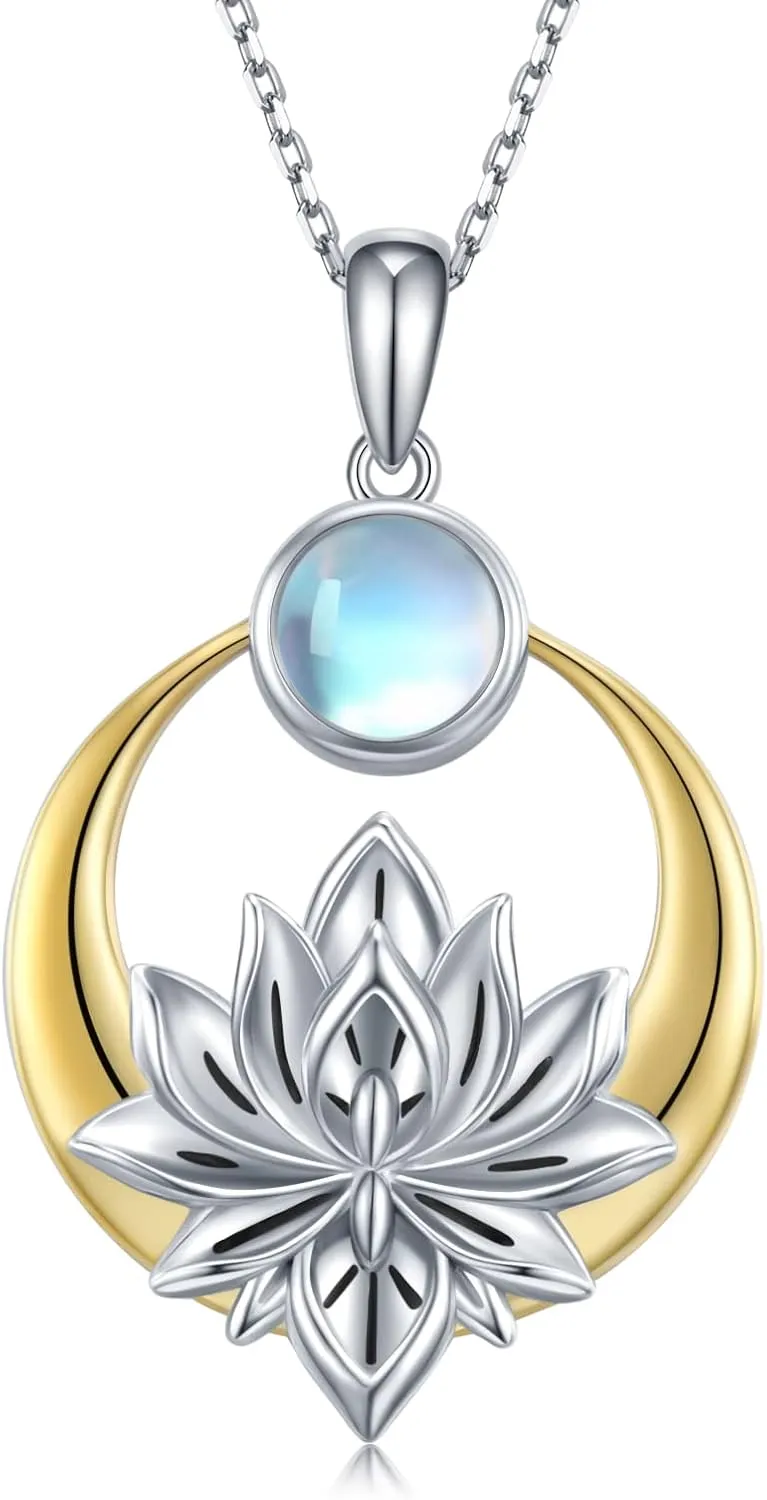Lotus Necklaces for Women 925 Sterling Silver Moonstone Lotus Flower Pendant Necklaces Yoga Spiritual Jewelry Gifts for Women