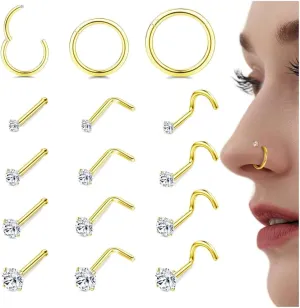 LOYALLOOK 15Pcs Nose Rings Studs-316L Surgical Steel Gold Nose Rings for Women Men Hypoallergenic L Shape/Corkscrew/Straight Nose Studs Hinged Clicker Segment Nose Rings Hoops 18G 20G Nose Piercing Jewelry