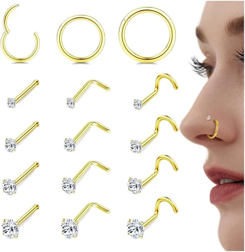 LOYALLOOK 15Pcs Nose Rings Studs-316L Surgical Steel Gold Nose Rings for Women Men Hypoallergenic L Shape/Corkscrew/Straight Nose Studs Hinged Clicker Segment Nose Rings Hoops 18G 20G Nose Piercing Jewelry