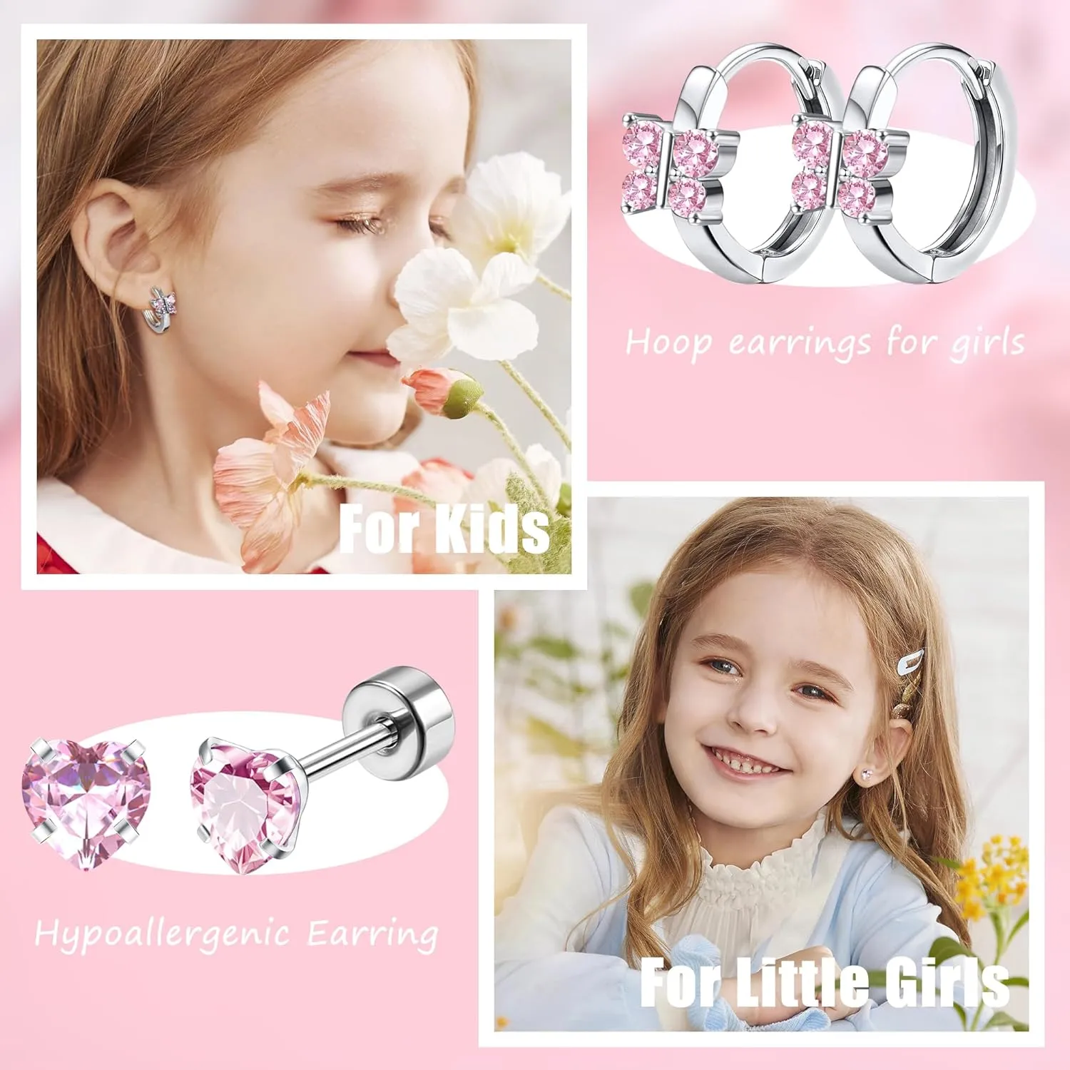 LOYALLOOK Screw Back Earrings Stud for Women Surgical Steel Hypoallergenic Cartilage Stud Earrings Tiny Opal CZ Screwback Flat Back Stud Earrings Cute Heart Hoop Earrings Set 20G Over 3 Years Old