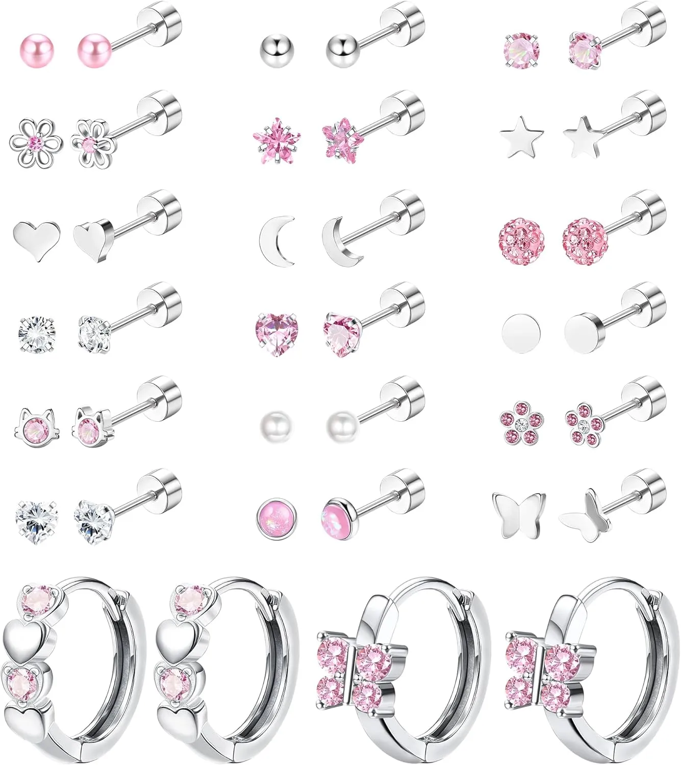LOYALLOOK Screw Back Earrings Stud for Women Surgical Steel Hypoallergenic Cartilage Stud Earrings Tiny Opal CZ Screwback Flat Back Stud Earrings Cute Heart Hoop Earrings Set 20G Over 3 Years Old