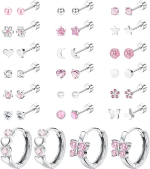 LOYALLOOK Screw Back Earrings Stud for Women Surgical Steel Hypoallergenic Cartilage Stud Earrings Tiny Opal CZ Screwback Flat Back Stud Earrings Cute Heart Hoop Earrings Set 20G Over 3 Years Old