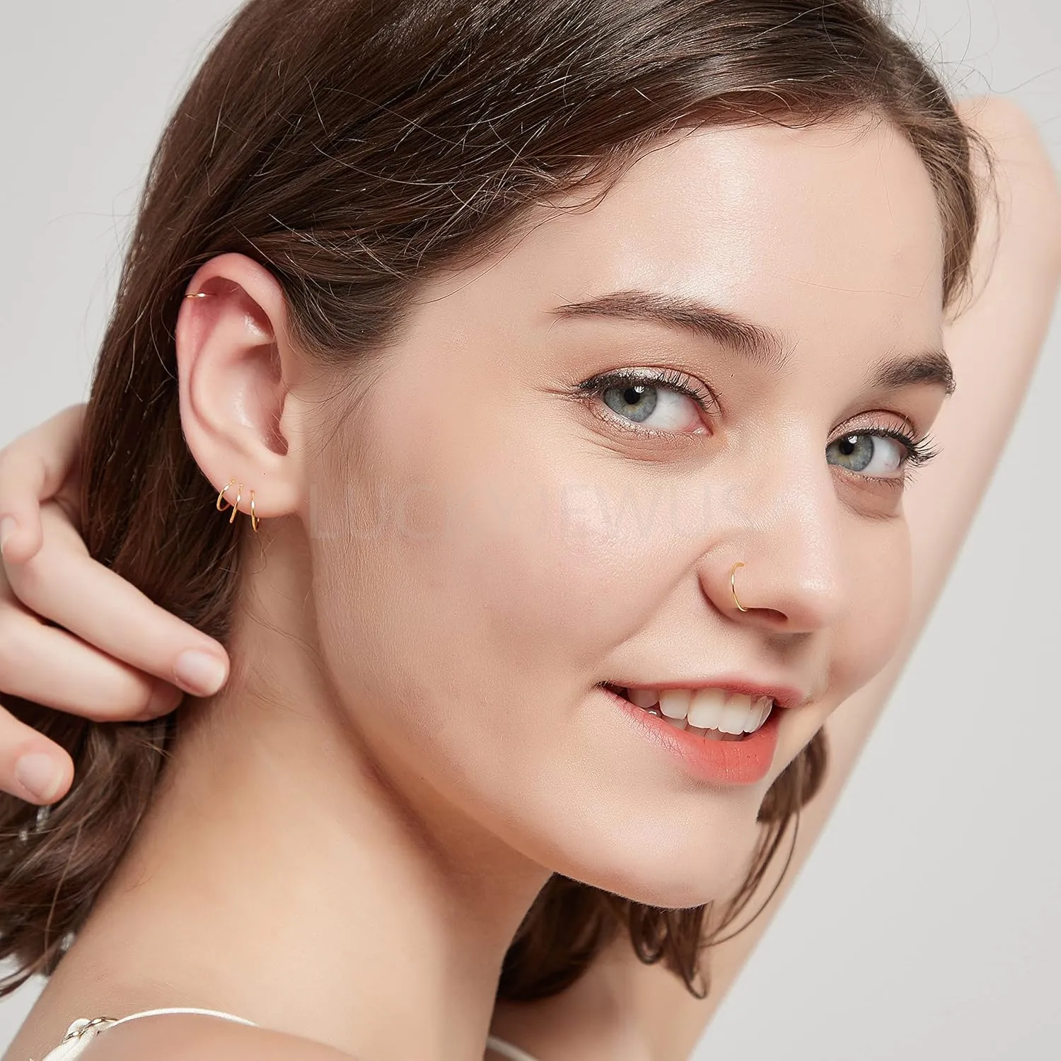 LUCKYJEWUS 5 Pairs Handmade Small 925 Sterling Silver Nose Rings Hoop Earrings Set for Women 18k Gold Hoops Cartilage Tragus Septum Helix Thin Multiple Piercing Jewelry 6mm 7mm 8mm 9mm 10mm
