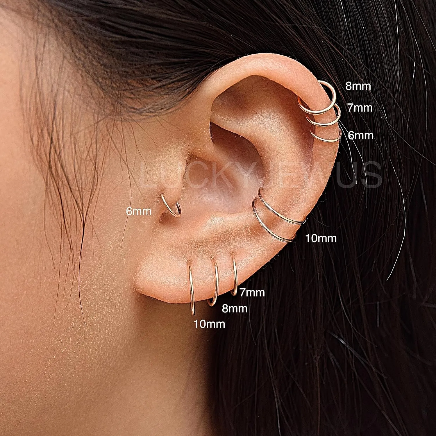 LUCKYJEWUS 5 Pairs Handmade Small 925 Sterling Silver Nose Rings Hoop Earrings Set for Women 18k Gold Hoops Cartilage Tragus Septum Helix Thin Multiple Piercing Jewelry 6mm 7mm 8mm 9mm 10mm