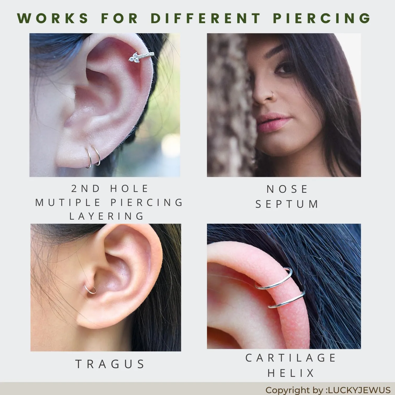LUCKYJEWUS 5 Pairs Handmade Small 925 Sterling Silver Nose Rings Hoop Earrings Set for Women 18k Gold Hoops Cartilage Tragus Septum Helix Thin Multiple Piercing Jewelry 6mm 7mm 8mm 9mm 10mm