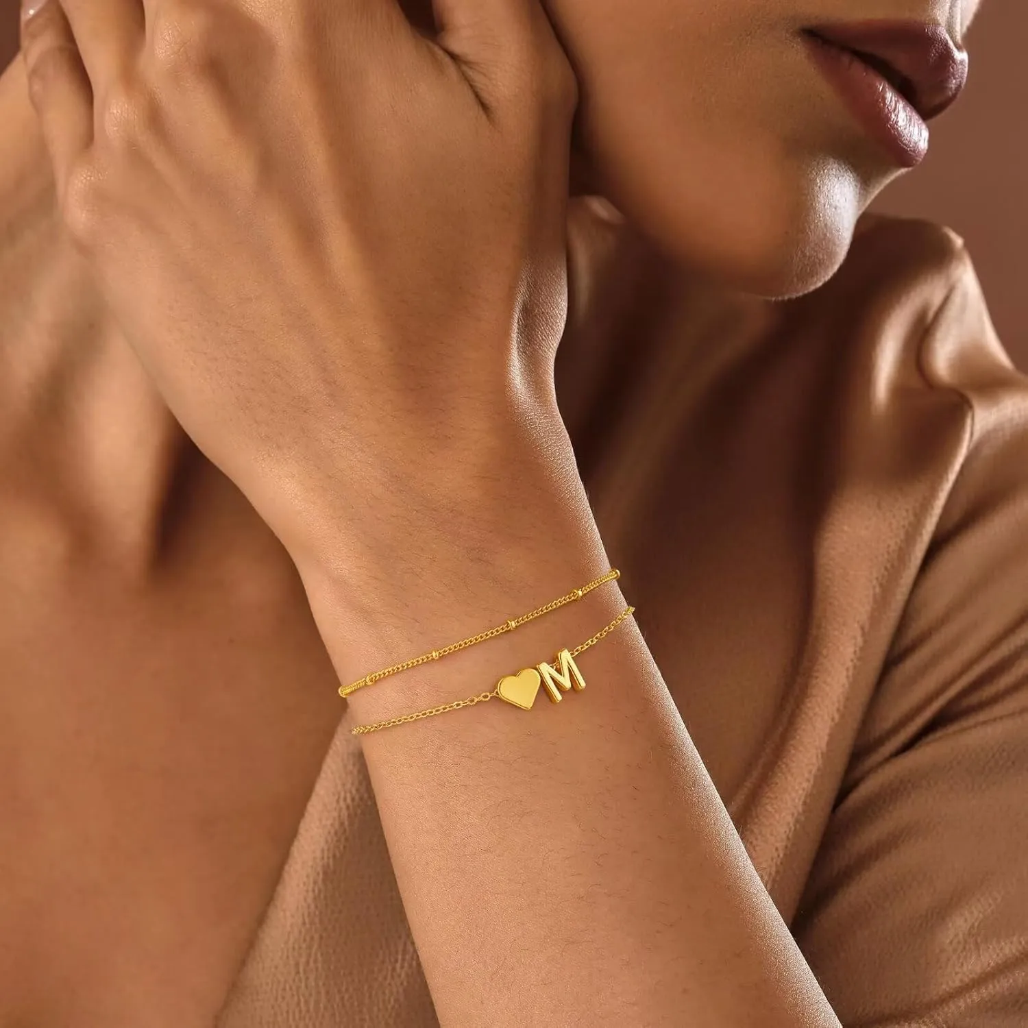 M MOOHAM Initial Heart Gold Bracelets for Women - Layered Dainty Gold Heart Letter A-Z Charm Bracelets for Women, Chain Link Charm Bracelets Beaded Bracelets Birthday Gifts Womens Jewelry